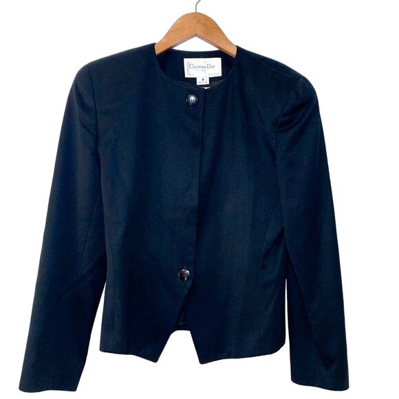 Dior Vintage Fitted Cropped Wool Button Down Padded Blazer Jacket Black US 8 - Picture 2 of 16